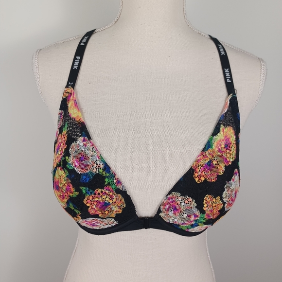 VS PINK Date Lace Racerback Push Up Bra 32DD Black Floral -Adjustable -Padded - Picture 14 of 15